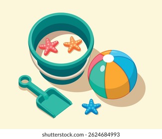summer beach vector illustration, bucket, showel, ball and star fishes isolated on white