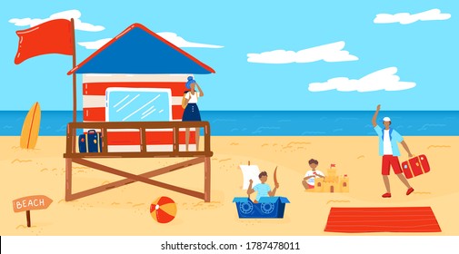 Summer beach vector illustration. Cartoon flat tropical beach seaside landscape with lifeguard tower station, children playing in sand and tourist characters, summertime relaxing sea scene background