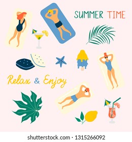 Summer beach vector illustration. Enjoying people chilling, sunbathing and relaxing near the sea or ocean with tropical leaves, ice cream at the beach.
