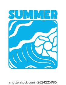 Summer beach vector illustration featuring sunny sky, palm trees, sand, sea waves, and people relaxing. Perfect for vacation, tropical, travel, and holiday design projects.