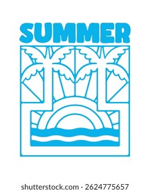 Summer beach vector illustration featuring sunny sky, palm trees, sand, sea waves, and people relaxing. Perfect for vacation, tropical, travel, and holiday design projects.