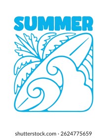 Summer beach vector illustration featuring sunny sky, palm trees, sand, sea waves, and people relaxing. Perfect for vacation, tropical, travel, and holiday design projects.
