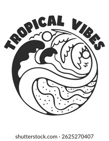 Summer beach vector illustration featuring sunny sky, palm trees, sand, sea waves, and people relaxing. Perfect for vacation, tropical, travel, and holiday design projects.