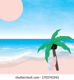 Summer beach vector illustration with palm tree and surfboards. Ocean and sand. Beautiful summer backdrop.