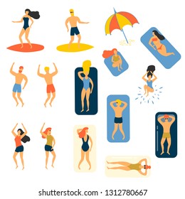 Summer beach vector illustration. People playing surfing, swimming, sunbathing and relaxing near the sea or ocean, at the beach.