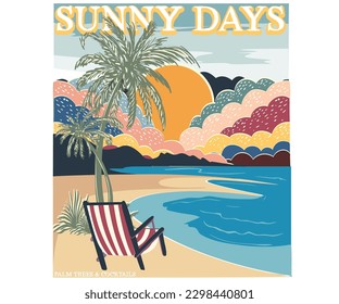 Summer beach Vector Illustration and relax chare graphic design. Colorful cloud, palm tree.