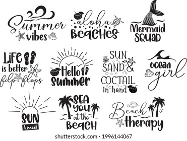 Summer Beach Vector Illustration set, summer svg bundle, beach quotes