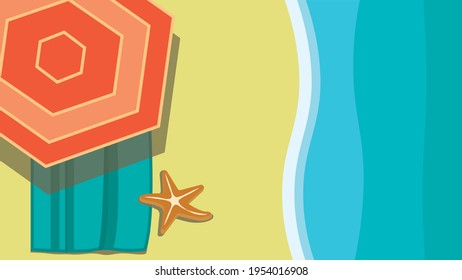 Summer beach vector illustration, sun umbrella with beach towel and starfish, flat design, vacation concept. 