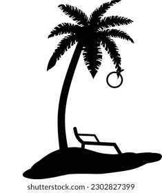 summer beach vector illustration, sun, coconut tree, umbrella, chair, all in one, set on a white background. Perfect for symbols, promotions, signs, etc