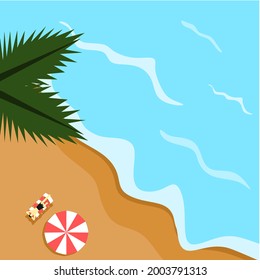 Summer beach vector illustration. Sunbathing man. Hello summer. 