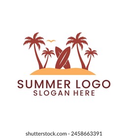 summer beach vector logo with surf and coconut trees