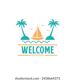 summer beach vector logo with surf and coconut trees