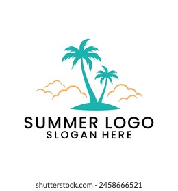 summer beach vector logo with surf and coconut trees