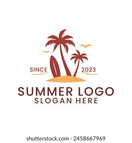 summer beach vector logo with surf and coconut trees