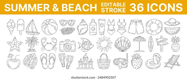 Summer and beach, vector minimalist line icon set. Editable stroke. Summertime icon set. Outline icons collection of seasonal rest and vacation accessories. Concept of travel, holiday, tourism, relax