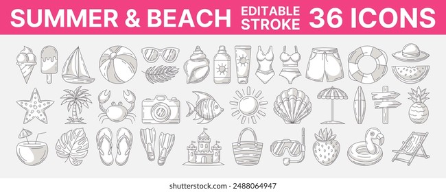Summer and beach, vector minimalist monochrome gray line icon set. Editable stroke. Outline icons collection of seasonal rest and vacation accessories. Concept of travel, holiday, tourism, relax