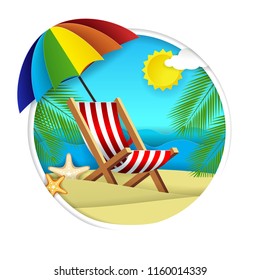 Summer beach vector paper cut illustration. Ocean beach with chaise lounge, tropical palm leaves and starfish in circle. Beach holidays concept for poster, banner, summer card.