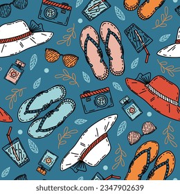 Summer beach vector pattern with straw hat, flip flops, perfume, sunglasses for women textile. Cute seamless nautical print with hand drawn sketch illustrations