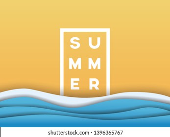 Summer beach vector poster background template in modern paper layer material design style. Symbol of summer holiday, relax, tourism, nature or summer sale, shopping advertising. eps10 illustration.