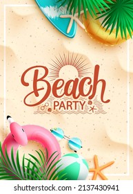 Summer beach vector poster design. Summer beach party text in sand background with floater and leaves element for hot tropical season holiday. Vector illustration.
