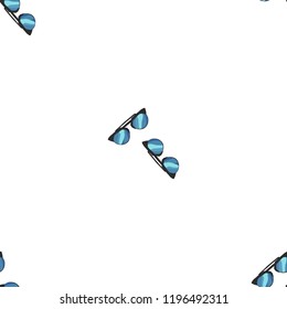 Summer beach vector seamless pattern with blue sunglasses. Background with summertime holidays symbols. Hand draw illustration. Seamless pattern can be used for textile, web design, surface textures