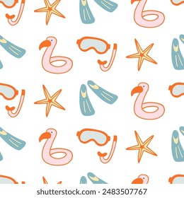 Summer beach vector seamless pattern. Tropical vacations background, hand drawn flamingo swimming ring, snorkeling, flippers, simple repeat texture. Modern wallpapers, wrapping paper.