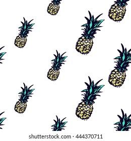 Summer beach vector seamless pattern with blue pineapple. Sunny bright ocean beach elements for vacation in american style. Hand draw vector illustration.