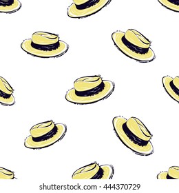 Summer beach vector seamless pattern with trendy straw hat. Sunny bright ocean beach elements for vacation in american style. Hand draw vector illustration.