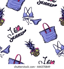 Summer beach vector seamless pattern with blue pineapple sunglasses, I love summer lettering, blue beach bag, bikini swimsuit. Sunny bright ocean beach elements for vacation in american style.