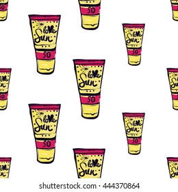 Summer beach vector seamless pattern with sun tanning lotion. Sunny bright ocean beach elements for vacation in american style. Hand draw vector illustration.