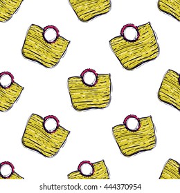 Summer beach vector seamless pattern with straw beach bag. Sunny bright ocean beach elements for vacation in american style. Hand draw vector illustration.