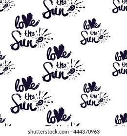 Summer beach vector seamless pattern with love the sun logo. Sunny bright ocean beach elements for vacation in american style. Hand draw vector illustration.
