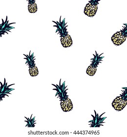 Summer beach vector seamless pattern with blue pineapple. Sunny bright ocean beach elements for vacation in american style. Hand draw vector illustration.