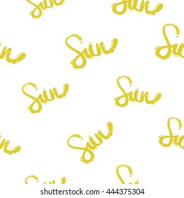 Summer beach vector seamless pattern with sun lettering. Sunny bright ocean beach elements for vacation in american style. Hand draw vector illustration.
