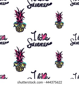 Summer beach vector seamless pattern with pink pineapple sunglasses and I love summer lettering. Sunny bright ocean beach elements for vacation in american style. Hand draw vector illustration.