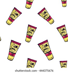 Summer beach vector seamless pattern with sun tanning lotion. Sunny bright ocean beach elements for vacation in american style. Hand draw vector illustration.