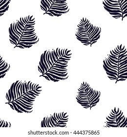 Summer beach vector seamless pattern with black palm branch. Sunny bright ocean beach elements for vacation in american style. Hand draw vector illustration.