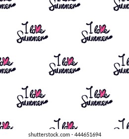 Summer beach vector seamless pattern with I love summer lettering. Sunny bright ocean beach elements for vacation in american style. Hand draw vector illustration.