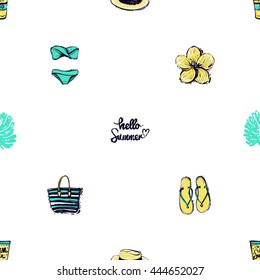 Summer beach vector seamless pattern with hello summer lettering, sun tanning lotion, striped beach bag, trendy straw hat, blue bikini swimsuit, yellow tropic flower, palm leaf, summer flip-flop. 