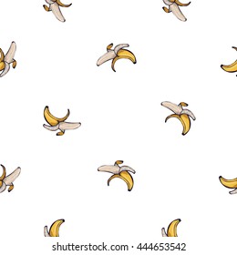 Summer beach vector seamless pattern with peeled banana. Sunny bright ocean beach elements for vacation in american style. Hand draw vector illustration.