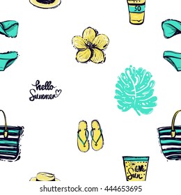 Summer beach vector seamless pattern with hello summer lettering, sun tanning lotion, striped beach bag, trendy straw hat, blue bikini swimsuit, yellow tropic flower, palm leaf, summer flip-flop.