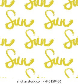 Summer beach vector seamless pattern with sun lettering. Sunny bright ocean beach elements for vacation in american style. Hand draw vector illustration.