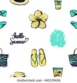 Summer beach vector seamless pattern with hello summer lettering, sun tanning lotion, striped beach bag, trendy straw hat, blue bikini swimsuit, yellow tropic flower, palm leaf, summer flip-flop.