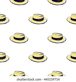 Summer beach vector seamless pattern with trendy straw hat. Sunny bright ocean beach elements for vacation in american style. Hand draw vector illustration.