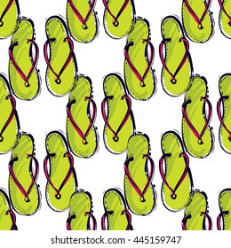 Summer beach vector seamless pattern with summer flip-flop. Sunny bright ocean beach elements for vacation in american style. Hand draw vector illustration.