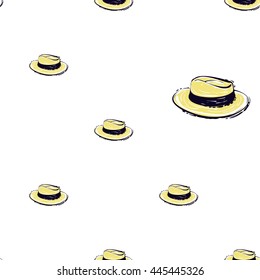 Summer beach vector seamless pattern with trendy straw hat. Hand draw vector illustration.