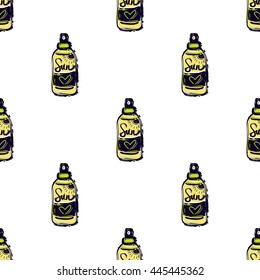Summer beach vector seamless pattern with spf sunscreen spray. Hand draw vector illustration.
