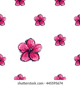 Summer beach vector seamless pattern with pink tropic flower. Hand draw vector illustration.