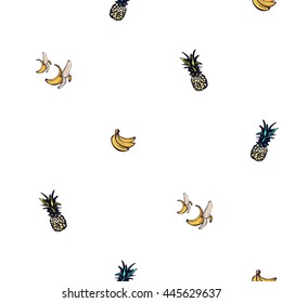 Summer beach vector seamless pattern with banana bundle, peeled banana, green and blue pineapple. Hand draw vector illustration.