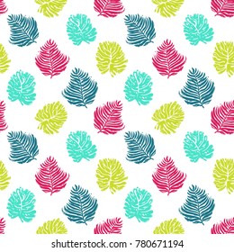 Summer beach vector seamless pattern with pink palm branch, palm branch, palm leaf, green palm leaf. Bright endless background with summertime holidays symbols. Hand draw illustration.